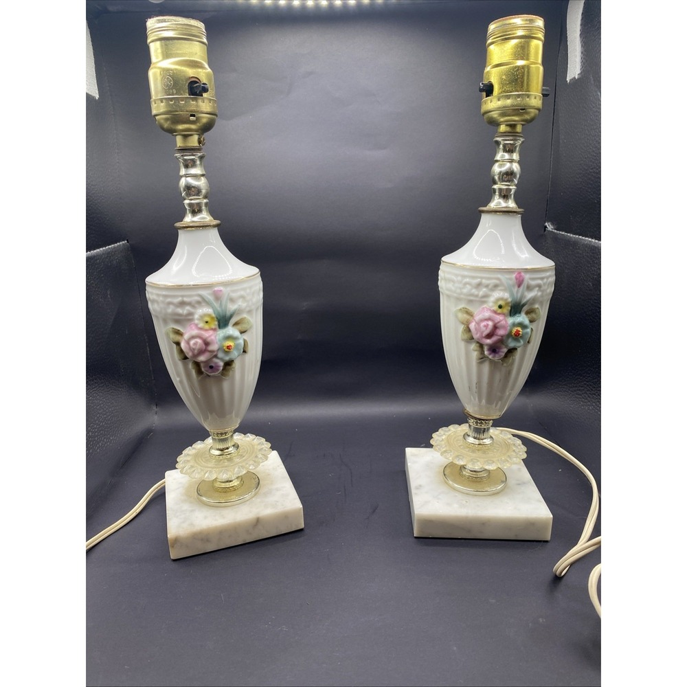 Vintage Pair Porcelain Boudoir Lamps 3D Flowers Marble Base Mid Century Set 2